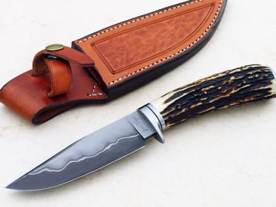 fixed custom knives Josh Fisher ABS Journeyman Smith, forged san mai stag hunter knife Robertson's Custom Cutlery hunters & skinners fixed blade