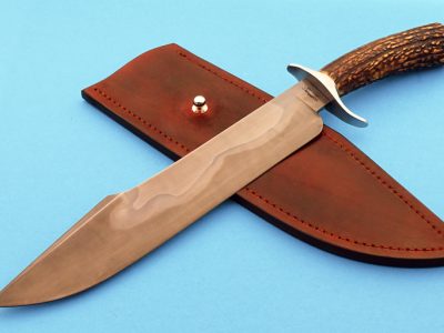 fixed custom knife Landon Robbins Camp Knife Stag Bowie, Hamon, ABS Journeyman Smith, Robertson's Custom Cutlery forged bowie fixed blade