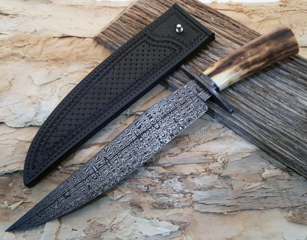 Shawn McIntyre Ladder Pattern W's Damascus Bowie Fossil Walrus Ivory Robertson's Custom Cutlery custom fixed knives