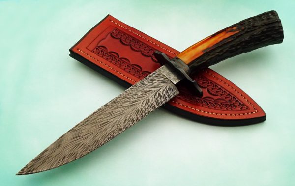 Steve Randall Curvalicious Feather Pattern Damascus Fighter, Sambar Stag, ABS Master Smith fixed custom knives