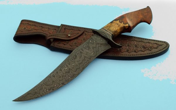 Brian Sellers Forged Ladder Pattern Damascus Bowie Desert Ironwood Copper Spacers Acid Etched
