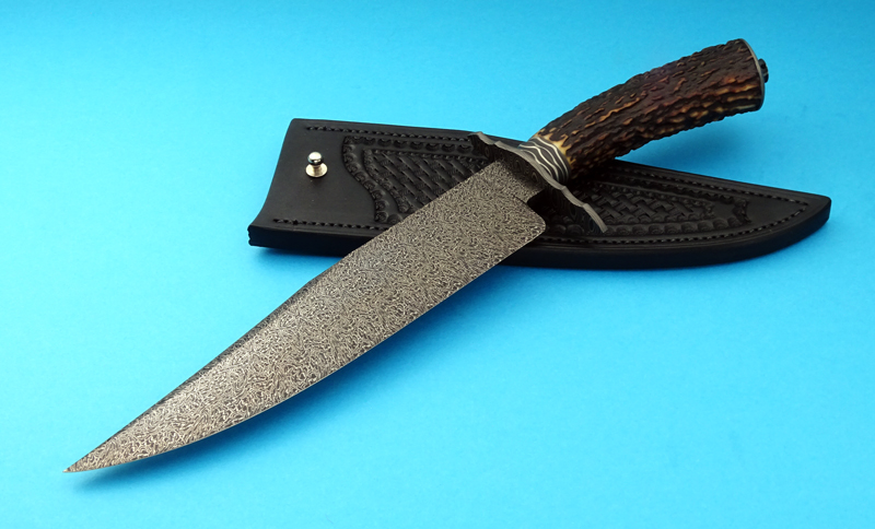 DAMASCUS STEEL BLADE SUB-HILT BOWIE KNIFE,stag HANDLE . 
