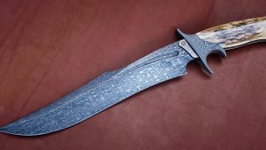 Broadwell Damascus Frame Handle Sub-Hilt Fighter Wolf's Tooth Pattern Fossil Walrus Ivory Custom Knife
