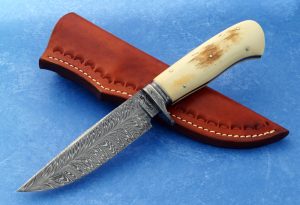 Wess Barnhill Custom Forged Feather Pattern Damascus Frame Handle Hunter Mammoth Ivory Museum Fit handleABS Journeyman Smith Winner George Peck Award