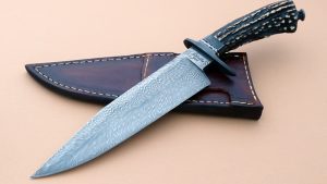 Stephan Fowler ABS Journeyman Smith Feather Damascus Fighter Custom Forged Knife Stag