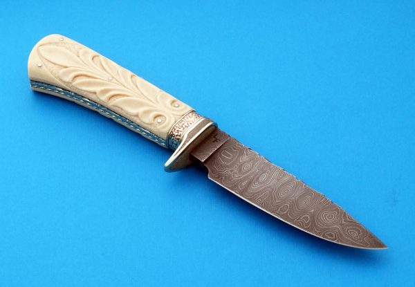 Larry Feugen Forged Ladder Pattern Damascus drop point hunter, Carved Mammoth Ivory, Nile Crocodile inlaid sheath, frame handle, work of art! ABS Master Smith!