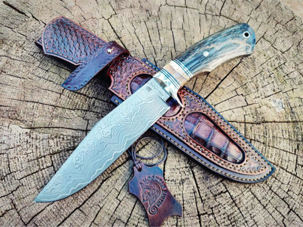 Maksim Tjulpin San Mai Damascus Camp Knife Mammoth Ivory Custom Leather Sheath