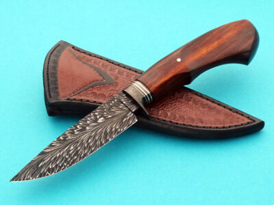 Matias Funes Forged Feather Damascus Hunter Koa ABS Apprentice Smith from Argentina custom sheath