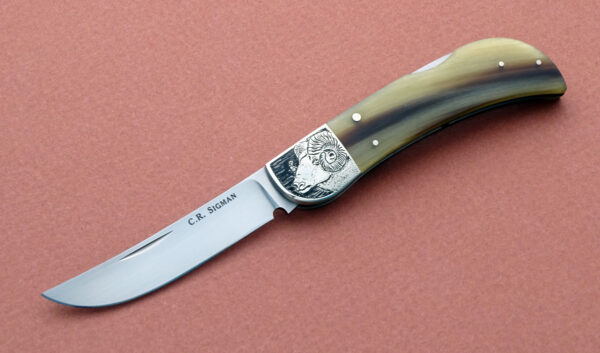 Corbet Sigman Presentation Folding Knife engraved bolster and polished Sheep Horn folder