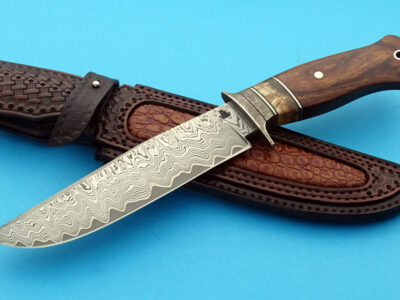 Maksim Tjulpin forged San Mai Damascus Fighter decorative leather sheath by maker. Made in Latvia.