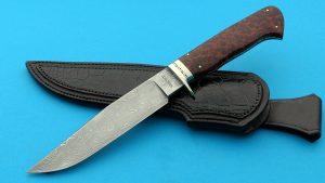 Tim Hancock Custom Raindrop Damascus Fighter Lace Wood hdl Vine filework on tang Custom Leather Sheath ABS Mastersmith Tim Hancock was well respected in the custom knife world. Vintage treasure