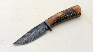 Dan Lewis Custom Forged Feather Damascus Frame Handle Hunter with Stag