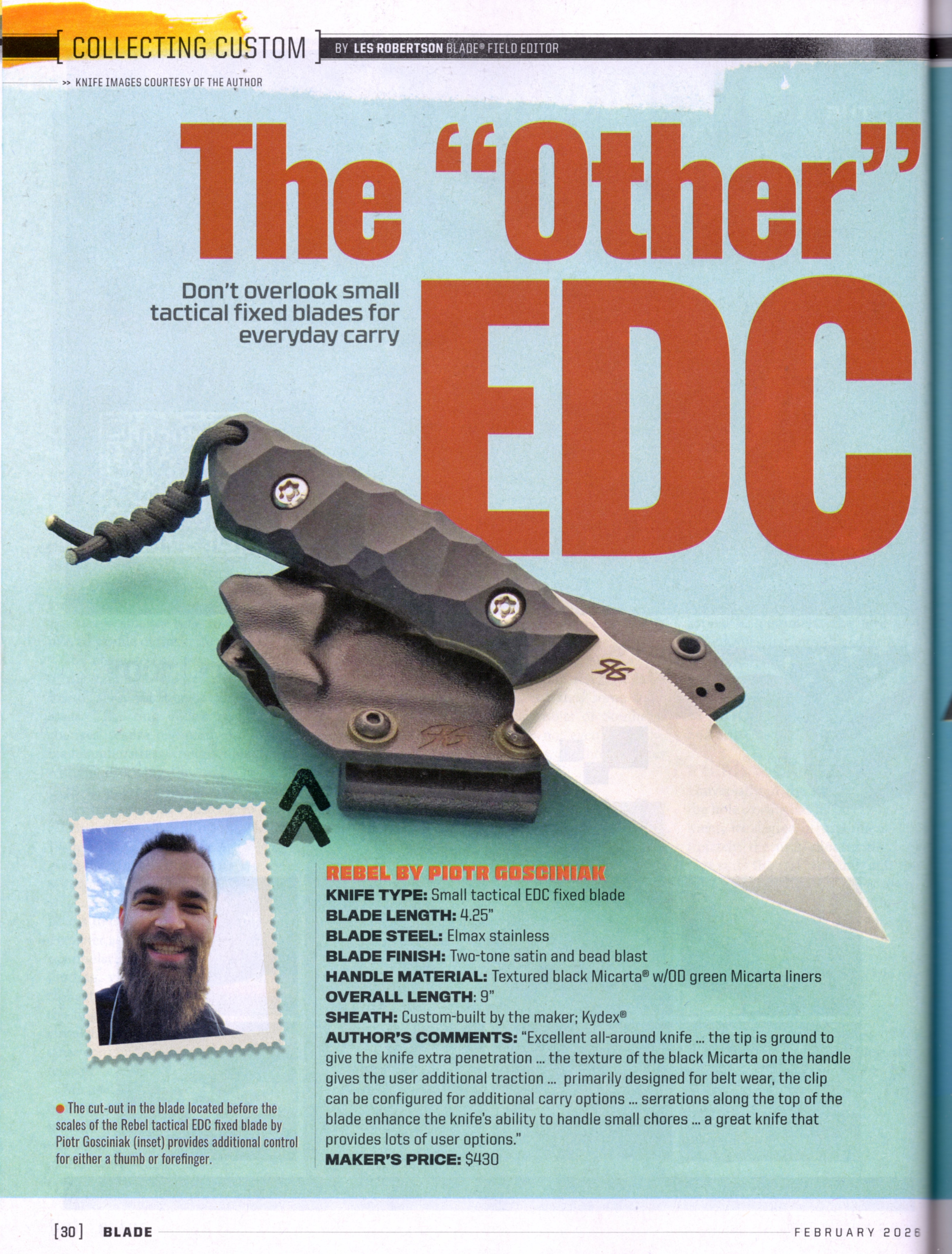 The "Other" EDC Les Robertson Blade Field Editor article Blade Magazine Feb 2026 pg 30 Piotr Gosciniak Rebel Tactical Fixed Blade