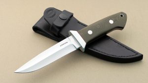 Tim Steingass Mini Wilderness Tactical Fighter OD Green micarta handle satin finish full tapered tang thong hole custom knife classic design