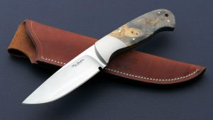 Ron Gaston Custom Drop Point Hunting Knife Vintage Hunter Gorgeous California Buckeye Burl Full Tapered Tang Leather Sheath