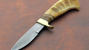 Audra Drapper Forged Damascus Spear Point Hunter custom made hunting knife Sheep Horn ABS First Female Master Smith