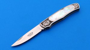 Michael Gregory Custom Interframe Engraved Slip Joint Folder Unique design beautiful Mother Of Pearl Precise engraving done by maker sole authorship