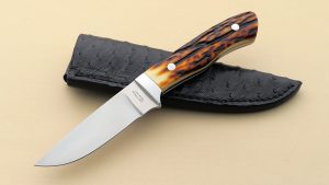 Rade Hawkins Custom Forged Brute Damascus Hunting Knife Sambar Stag Drop Point Hunter Knifemakers Guild Voting Member ABS Journeyman Smith Ostrich leather sheath