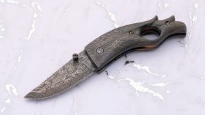 Hank Knickmeyer Custom Cigar Cutter Forged Damascus & carved Folding Knife Twist Pattern Anodized Titanium liners Unique Knife!