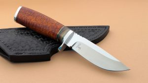 Bob Lay Custom made Personal Hunter Mirror Finish blade beautiful Afzelia (African wood) handle handmade sheath