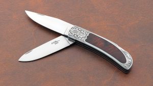 Eldon "EG" Peterson 2 Blade Interframe folding Knife Custom Folder Engraved by Dan Goodwin Desert Ironwood Drop Point Semi Skinner blades