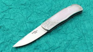 Eldon Peterson Engraved Interframe Folding Knife Custom Folder Pink Mussel Shell
