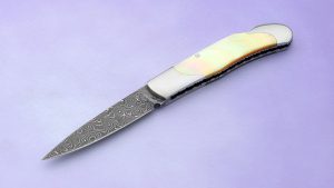 Ken Steigerwalt Damascus Lock Back Folding Knife Presentation Folder Gold Lip Pearl Rain Drop Damascus Lock back File work