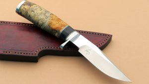 Bob Lay Custom Bow Hunter Mirror finish Gold Box Elder & Buffalo Horn spacer Great Value! impeccable grind lines on the blade