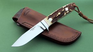 Yaroslav Hrybinets Stag Drop Point Hunter Custom made knife from Ukraine classic Loveless-style N690 premium Austrian stainless steel upgraded, corrosion resistant edge retention, stain resistance ease of sharpening Great Value for a custom hunting knife