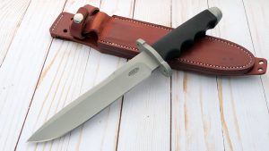 Vaughn Neeley Custom made SG Tactical Fighter Bead blast finish contoured finger grooves serrations sharpening stone in sheath excellent field knife Timberline Knives original 3 custom knifemaker Tactical Fixed Blade Knife
