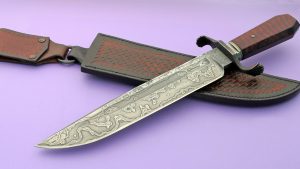 ABS Journeyman Smith Luke Dellmyer Custom Forged Damscus Bowie Random Pattern Damascus wit hfuller clamshell style guard coffin handle Snakewood handle material and filework