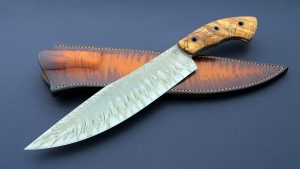 Burt Foster Custom Forged Tainted Camp Knife Acid Washed Chopper Blade Spalted Maple handle with Aftican Blackwood Pins ABS Master Smith very light and well-balanced for its size