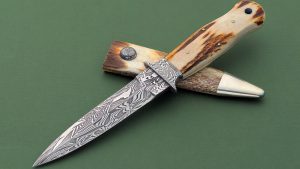 Kevin Harvey ABS Mastersmith from South Africa Unique Custom made Loveless style dagger Star Pattern Mosaic Damascus blade Sambar Stag handle and sheath with nickel silver tip Mortise-tang construction