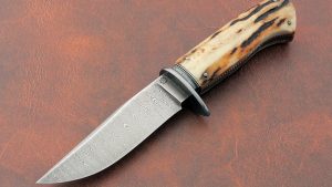 Mike Ruth, Jr. Drop Point Hunting Knife Custom made Hunter Forged Damascus Ladder Pattern Frame Handled knife ABS Master Smith Sambar Stag File Worked liners padded zip-up case included