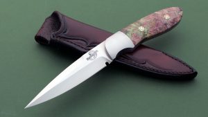Ron Gaston Custom Boot Fighter Bolster Stabilized Maple handle hand made leather sheath ABS Bladesmithing hall of Fame 2021 Nautilus Shell logo CC 036 Vintage knife