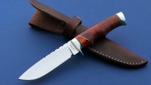 Ruffin Johnson Custom El Lobo Solo Lone Wolf Hunting Knife Amber and Desert Ironwood handle Texas Legends Award 2004 Vintage Drop Point Hunter